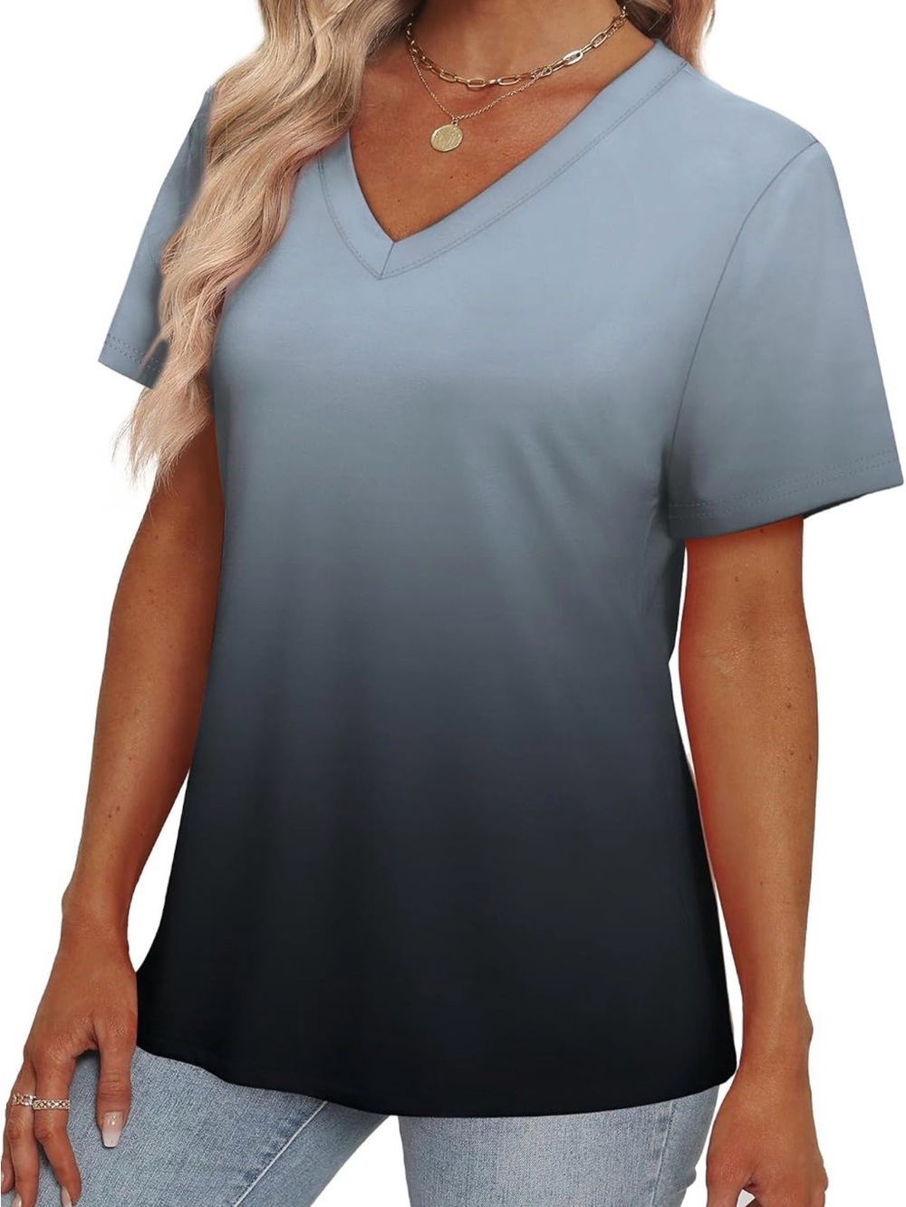 Casual V-Neck Gray Ombre Short Sleeve Tee - XL